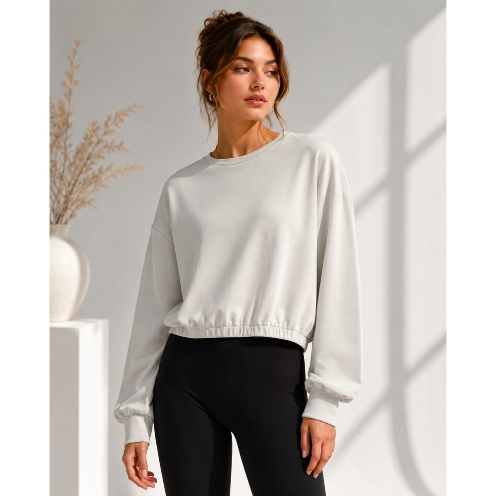 Stylus White Cropped Elastic Hem Pullover Lounge Sweatshirt Clean Girl Scuba M